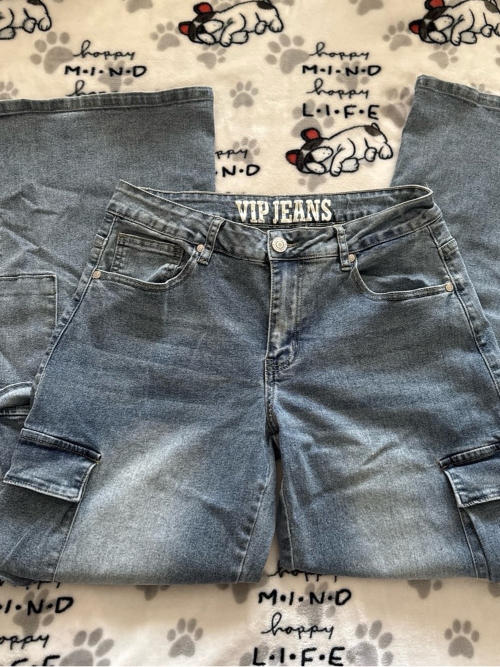 VIP Straight-Leg Cargo Denim Jeans in Blue Wash